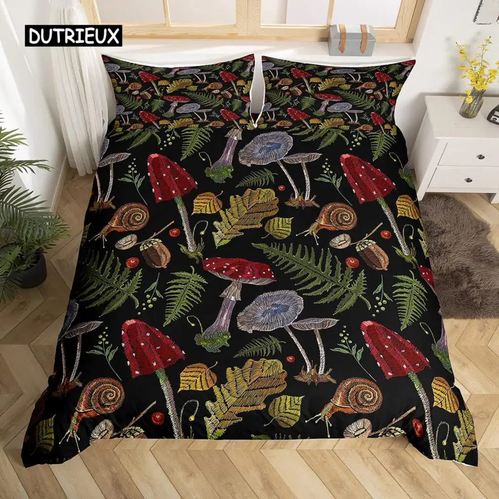 

Mushroom Duvet Cover Set Burgundy Plant Fallen Leaves Bedding Set 2/3pcs for Kids Snail Print King Size Soft Comforter Cover