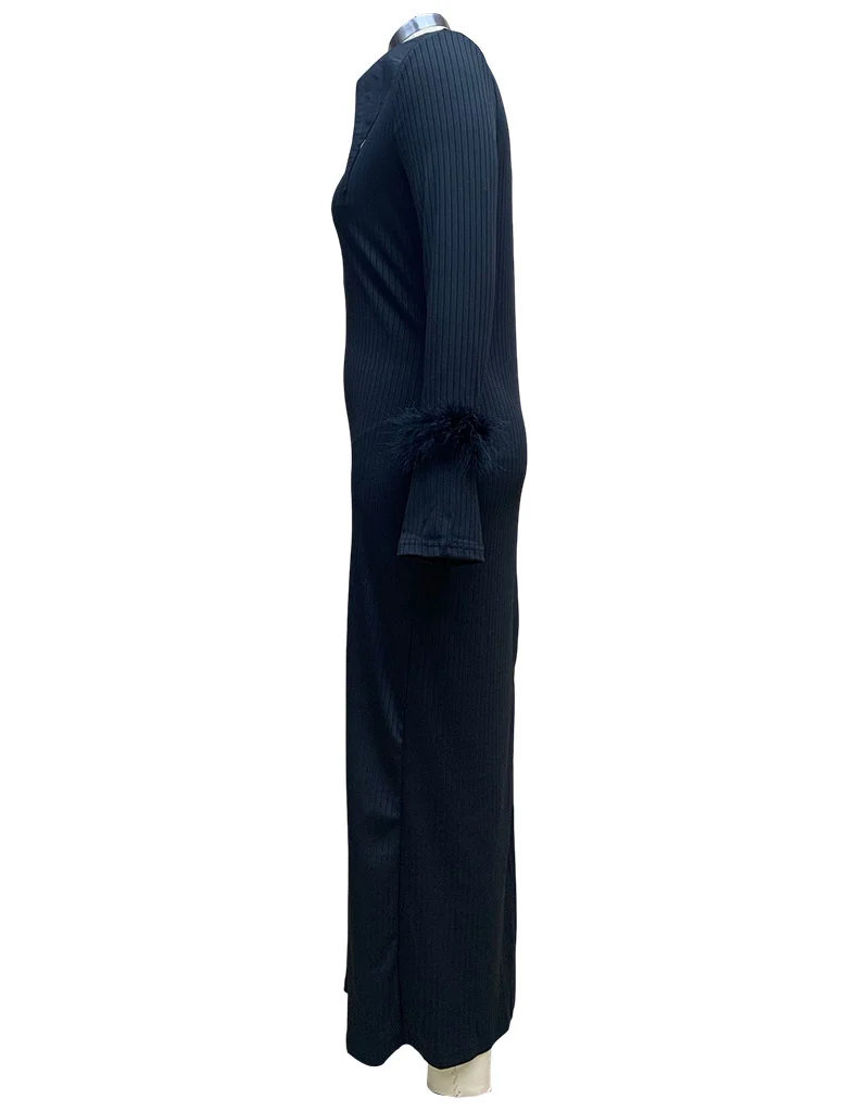 Autumn & Winter New Women's Fashion Polo Neck Feather Long Pit Stripe Dress Elegant & Beautiful Party Evening Dress
