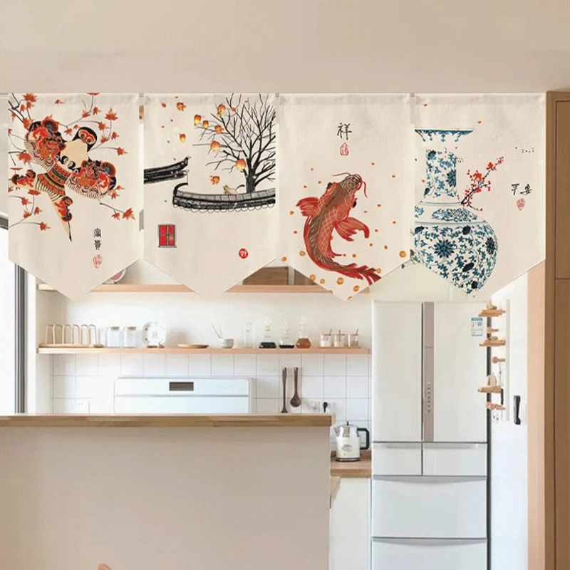 Chinese Style Short Door Curtain Kitchen Partition Noren Izakaya Cuisine Izakaya Sashimi Hanging Pennant Home Decor Drapes 5