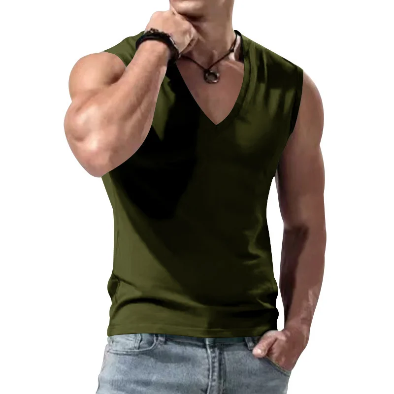 2025 sommer Komfortable Einfarbig V-ausschnitt Tank Tops Casual Atmungsaktive Ärmelloses T-Shirt Männer Sport Weste männer unterhemd Tops – Detail 22