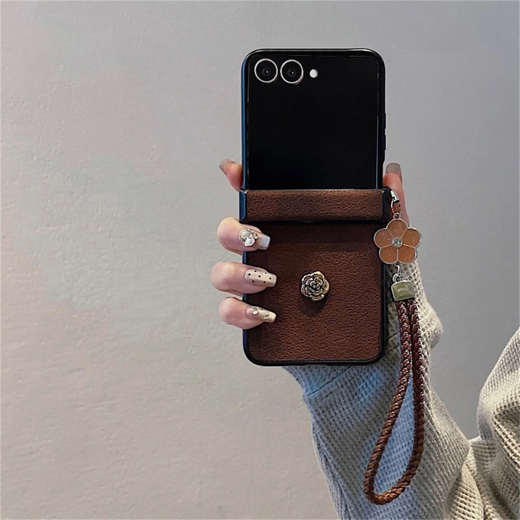 Luxury Brown 3D Camellia Phone Case with Strap – Elegant Back Cover