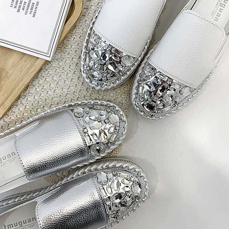 2023 Crystals Round Toe Leather Flats Shoes Women Silver Bling Loafers Couple Platform Shoes Woman Flat With Students Size 43 44