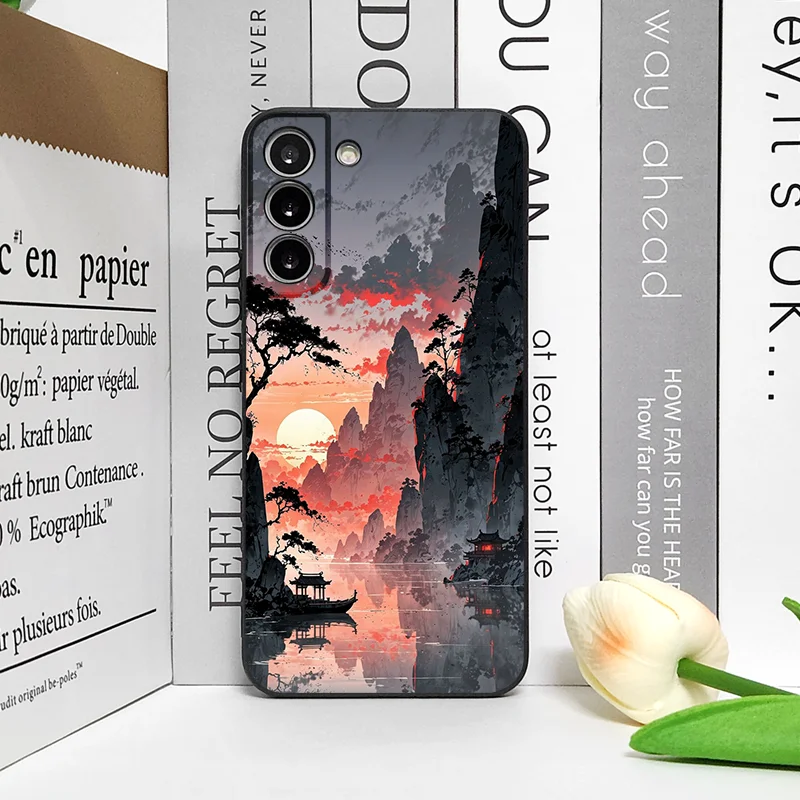 Ink Art Print Japanese Mountain Landscape Shockproof Silicone Phone Case