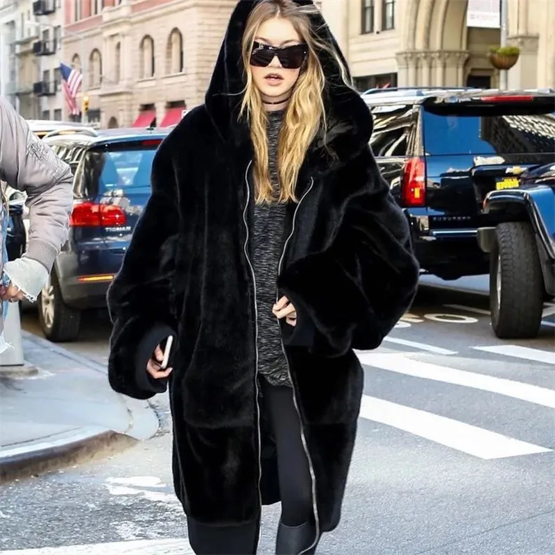 Winter Fashion Runaway Luxury Brand Long Faux Fur Coat Women Jacket Zip Hooded Thick Warm Fake Rabbit Fur Plush Overcoats