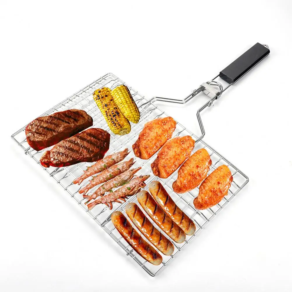 Folding Grilling Net Stainless Steel with Handle Rectangle Heat Resistant Camping BBQ Griddle Mesh Plate Tray Barbecue Supplies