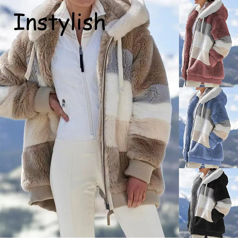 Women Elegant Striped Plush Hooded Coat Winter Thick Warm Loose Fleece Teddy Jackets Vintage Harajuku Oversized Outwear 2023