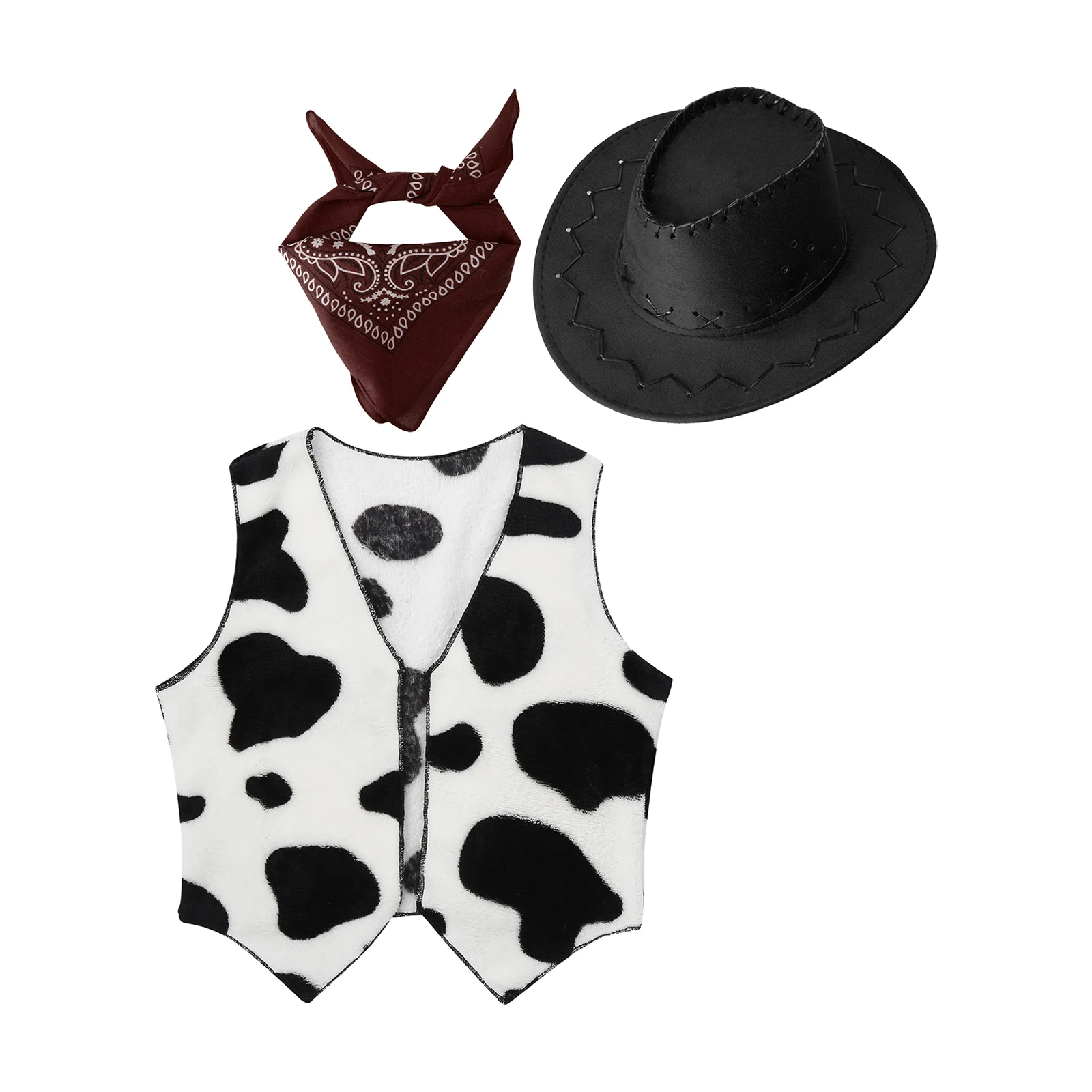 

Halloween Unisex Kids Western Cowboy Cowgirl Cosplay Costume Set Sleeveless Open Front Printed Waistcoat with Hat And Bandana