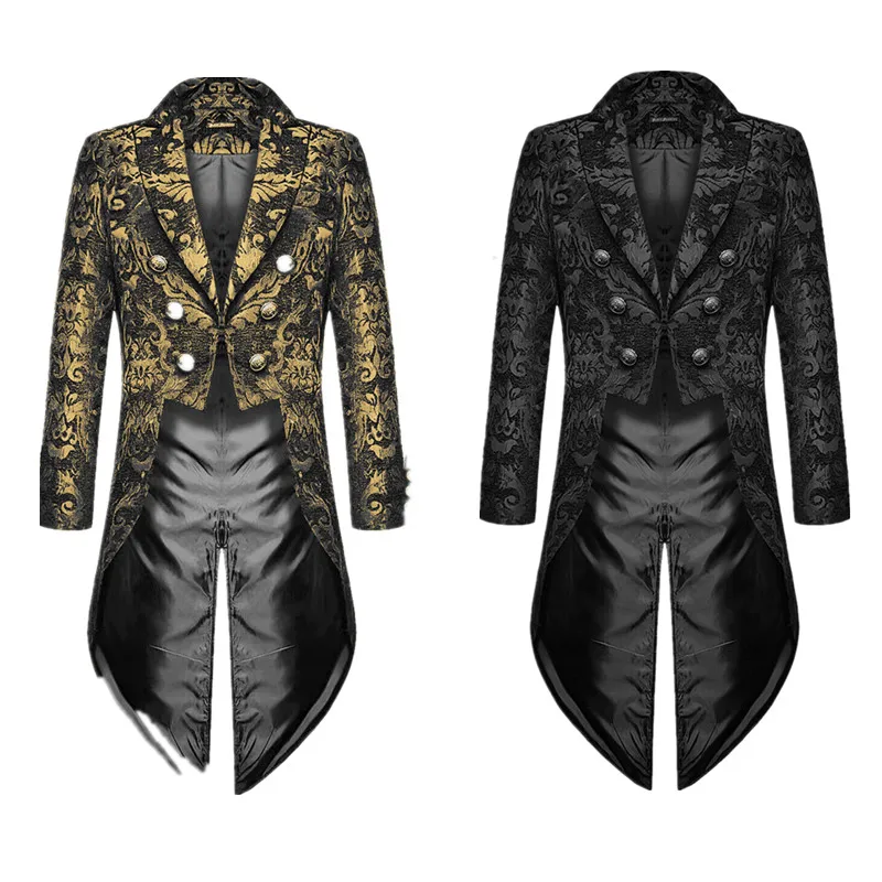 

Adult Men Medieval Cosplay Black Jackets Devil Fashion Gothic Steampunk Tailcoat Costume Black Brocade Damask Wedding Halloween