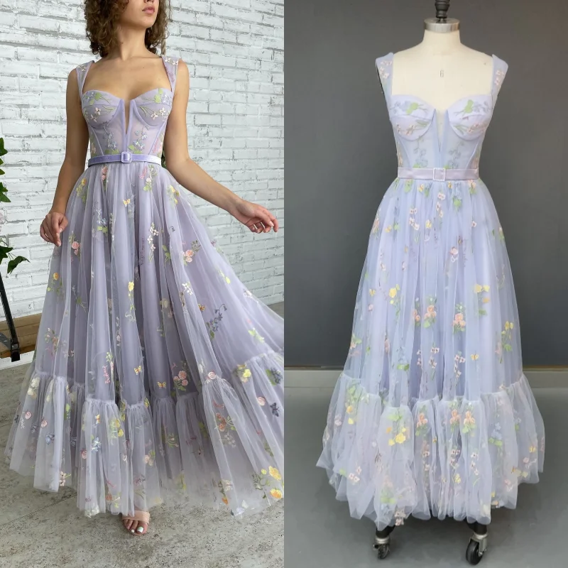 

100% Real Photos Casual Flowers Lace Spaghetti Straps Low Back Wedding Birthday Party Dress For Women Prom Evening Dresses