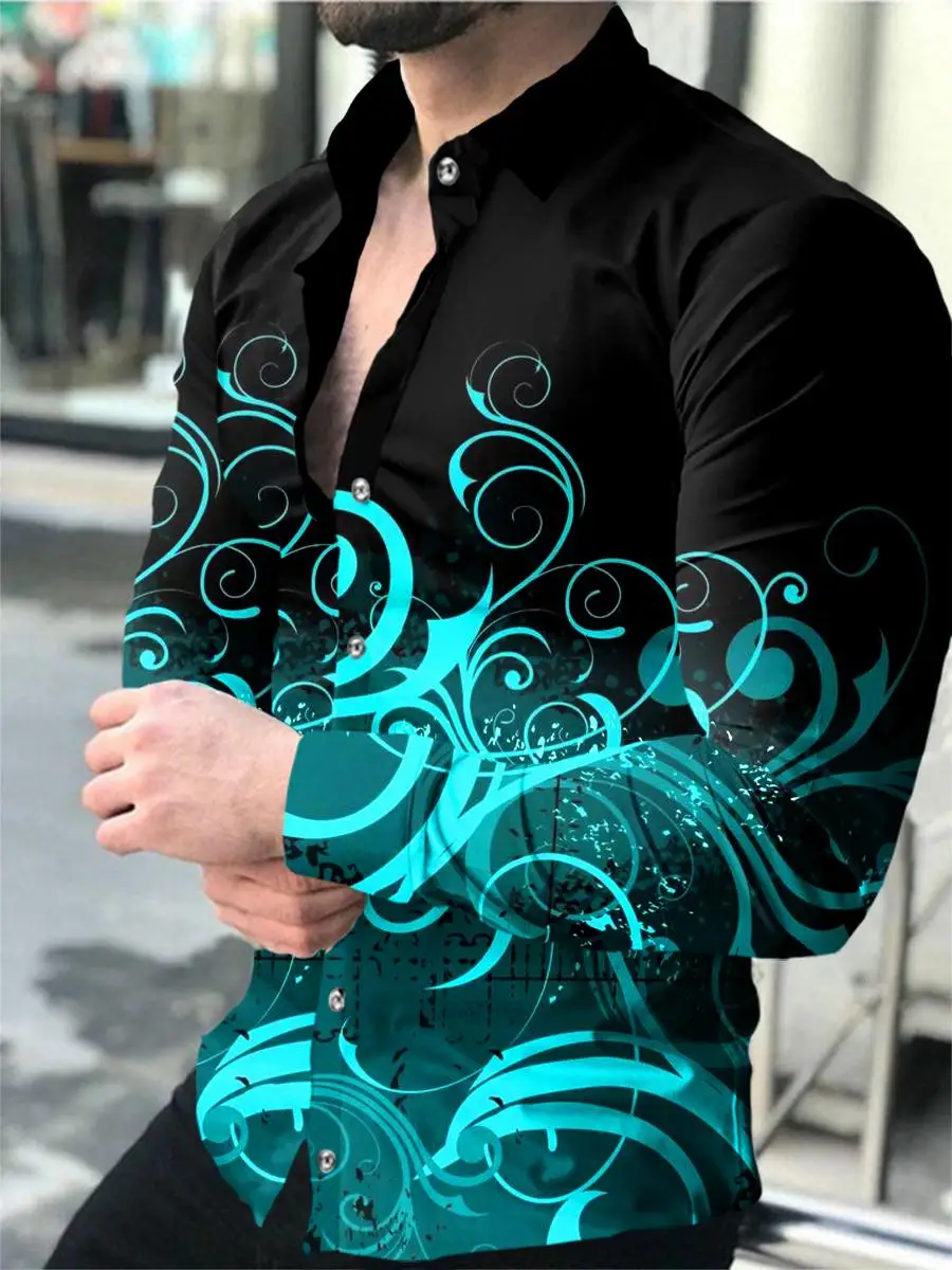 2023 European and American fashion casual printed long-sleeved lapel cardigan club street cool men's shirt casual loose style