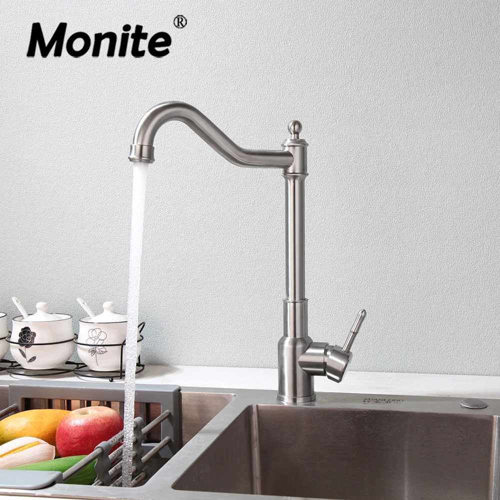 Monite-니켈 브러시드 주방 수도꼭지 온수/냉수 믹서 탭 회전 스파우트, 스테인레스 스틸, 세면대 싱크 수도꼭지, 데크 장착
