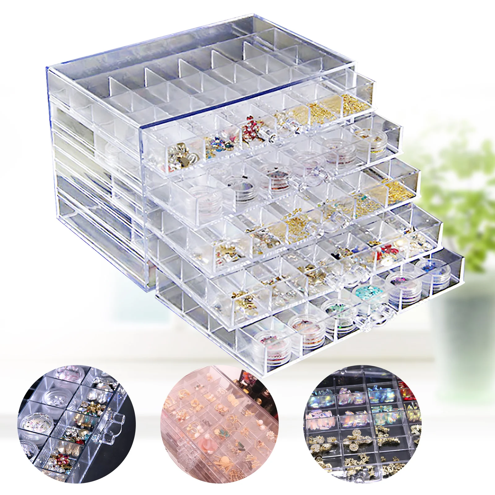 

5-layer 120 Grids Nail Art Storage Case Drawer Acrylic Clear Rhinestone Gems Bead Display Tray Organizer Shell Powder Ring Box