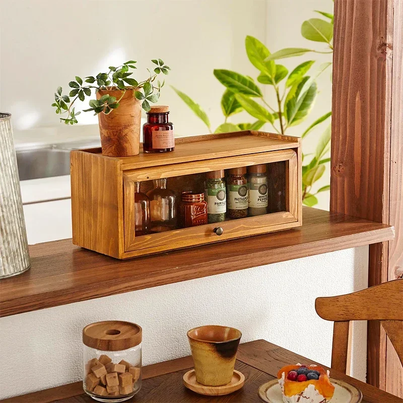 Japanese Small Solid Wood Cabinet Mini Glass Door Cupboard Kitchen Dustproof Shelf for Spices Doll Storage Box 2