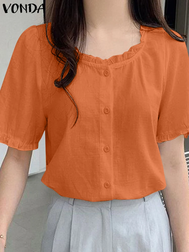 

VONDA Women Blouse 2024 Casual Round neck Short Sleeve Tops Elegant Ruffled Solid Color Shirts Fashion Sundress Femininas Blusas