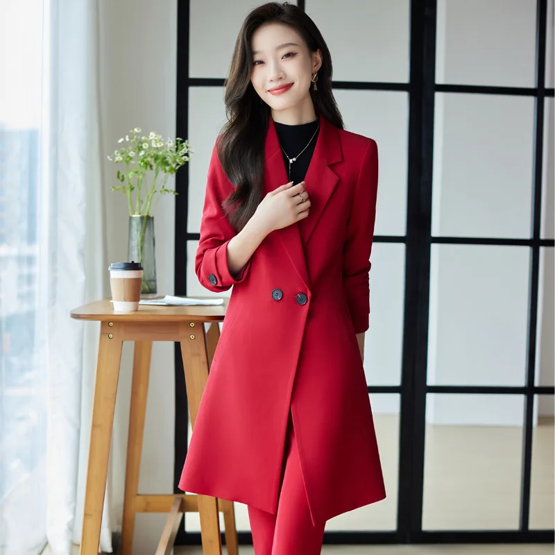 

IZICFLY Autumn Winter New Style Red Women Coat Set Elegant Slim Business Office Long Windbreaker Work Wear Blazers Pants Suit