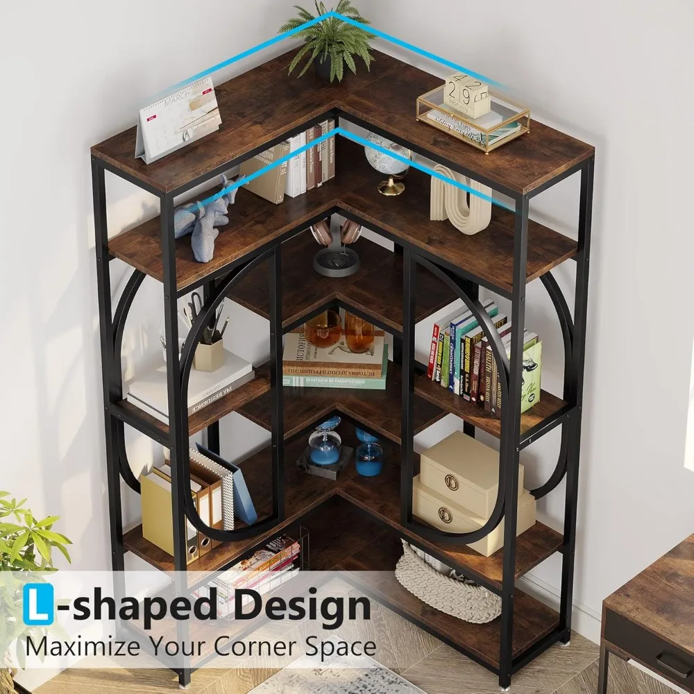 7-Shelf Corner Bookshelf, Large Modern Corner Bookcase, Tall L-Shaped Corner Shelf Stand Display Rack with Storage 6
