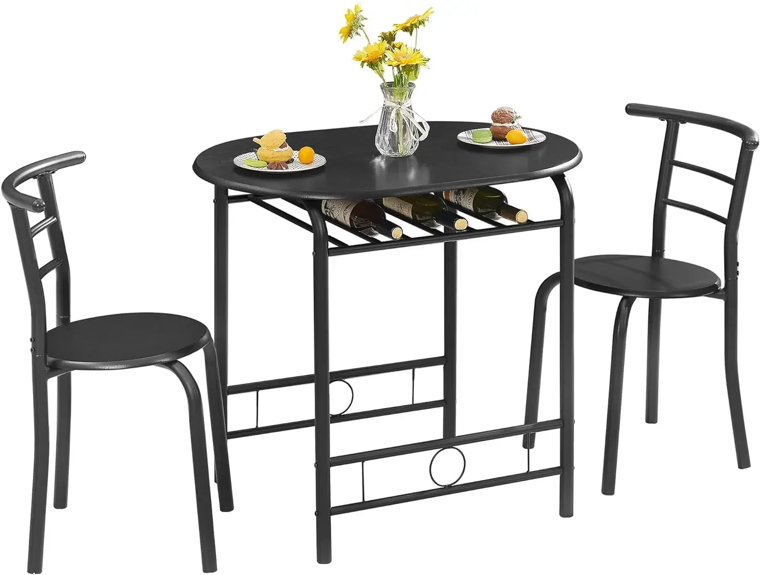 

VECELO 3 Piece Wood Round Table & Chair Set for Dining Room Kitchen Bar Breakfast, with Wine Storage Rack, Space Saving