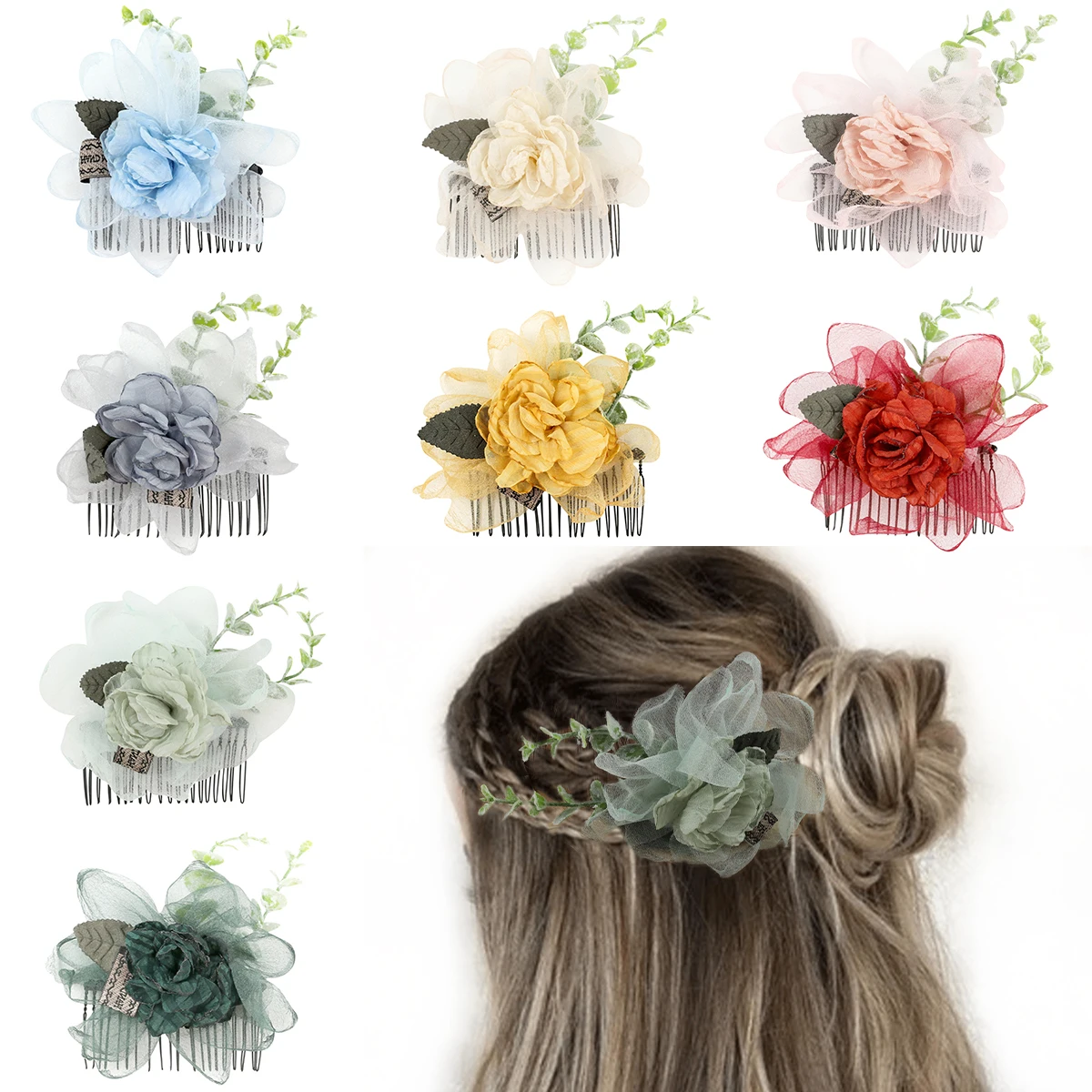 

Boho Bridal Hair Combs Rustic Wedding Floral Women Stimulation Flower Hairpins Brides Hair Accessories Greenery Combs For Girls