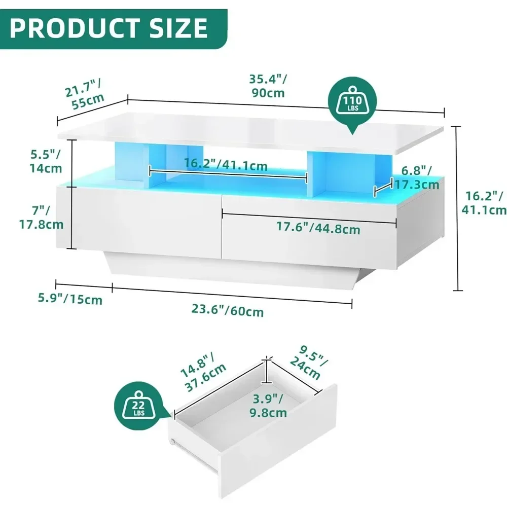 High Glossy LED Coffee Tables for Living Room, Center Table with Open Display Shelf & Sliding Drawers, White Coffee Table 5