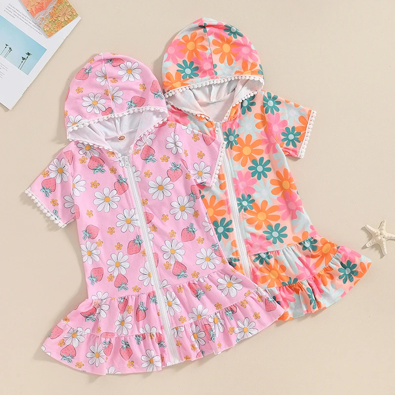 Tregren 1-5Y Toddler Girl Swim Cover Ups Summer Short Sleeve Floral Print Zip Up Beach Dress Hooded Bathrobe Kids Swimsuit Dress