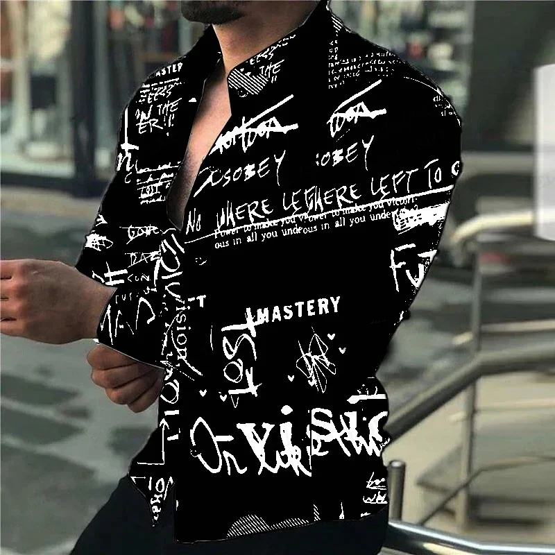 

Long Sleeved Hawaiian Shirt Men's Fashionable Letter Shirt Black and White Striped Shirt Beach Shirt Trendy Shirt