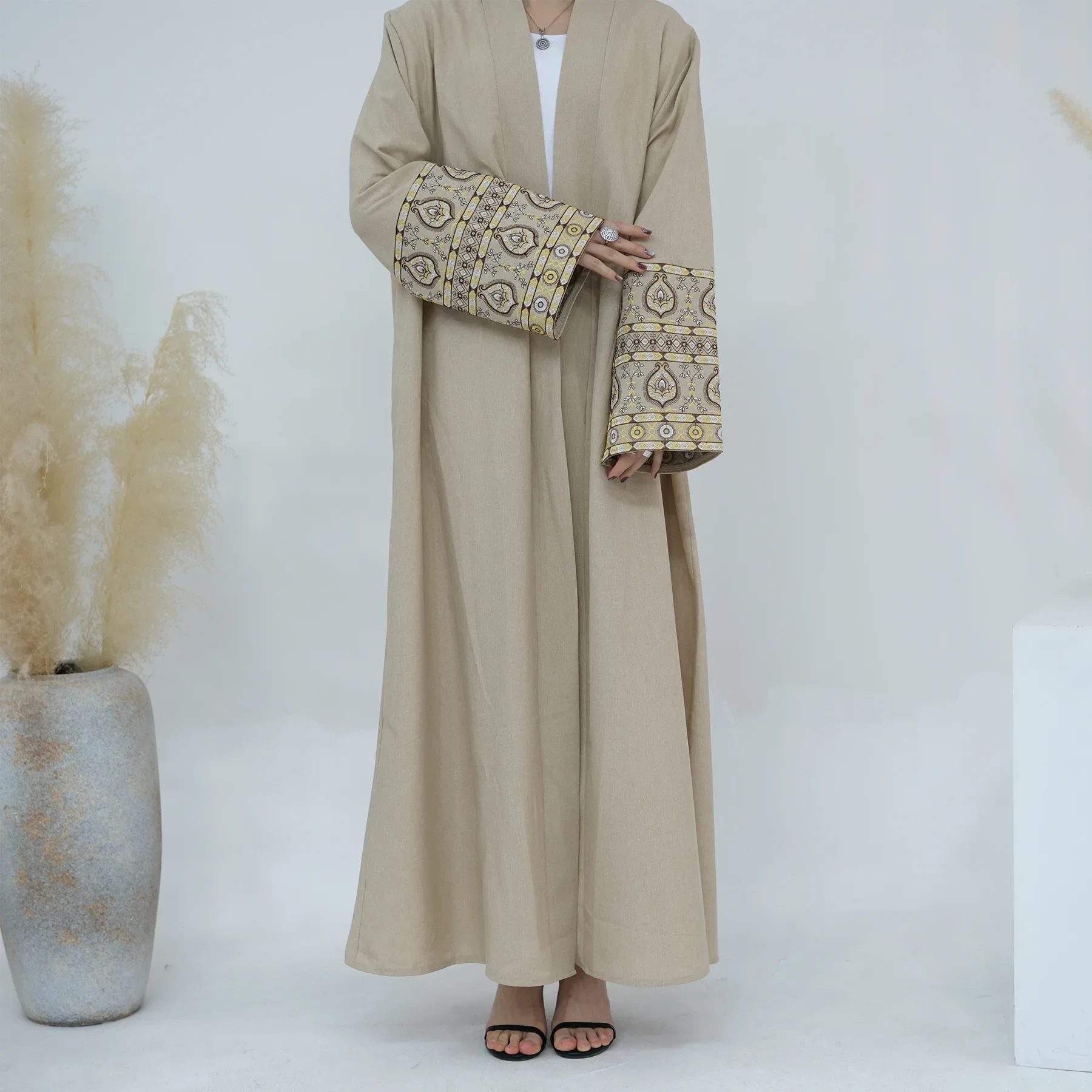 Embroidered Cotton Linen Abaya Kimono Muslim Hijab Dress Open Abayas for Women Dubai Turkey Saudi Kaftan Islamic Modest Clothing