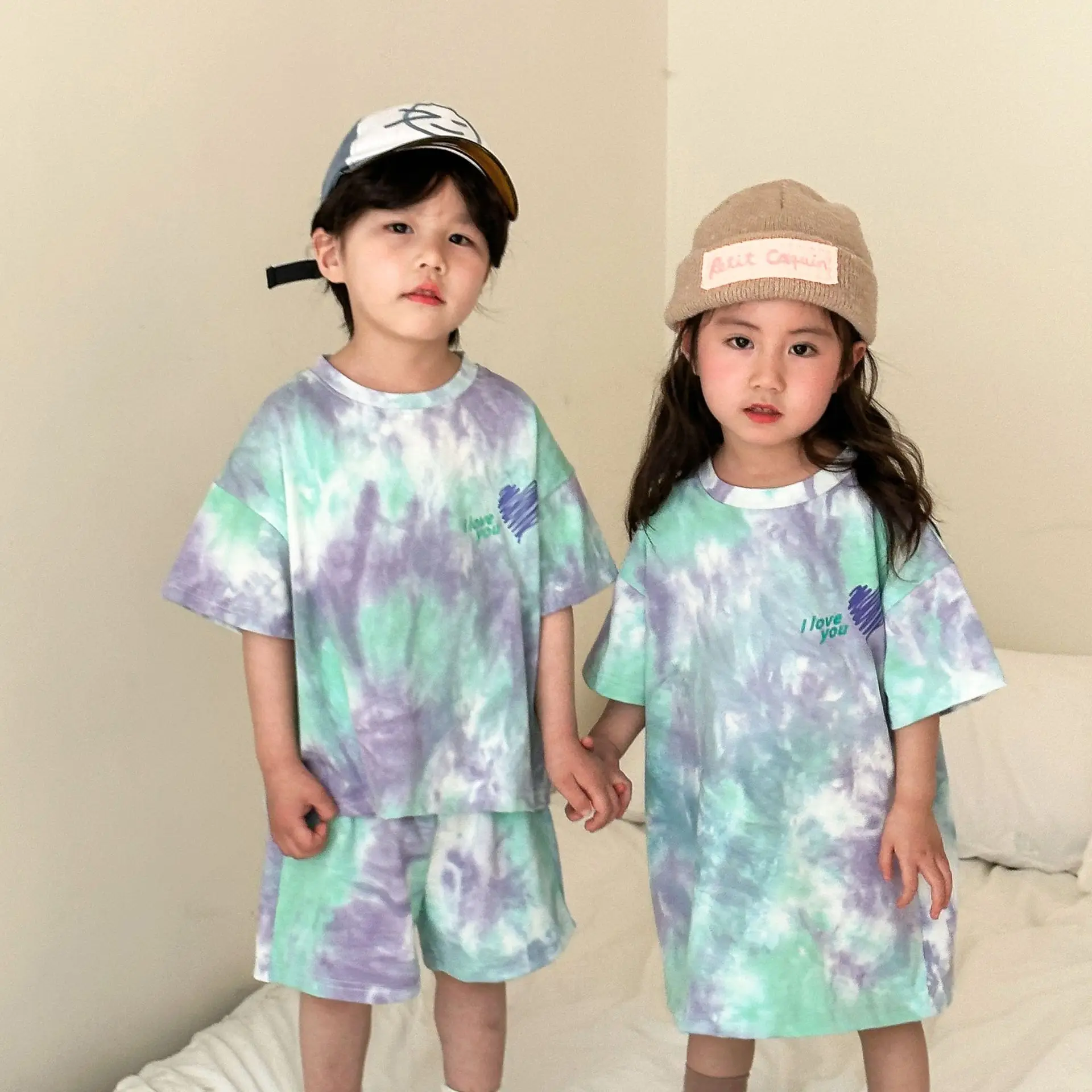 

2024 Summer Tracksuit Brother Sister Outfits Girl Baby Cotton Short Sleeve Dress Boy Children Loose Casual T-shirt + Shorts 2pcs