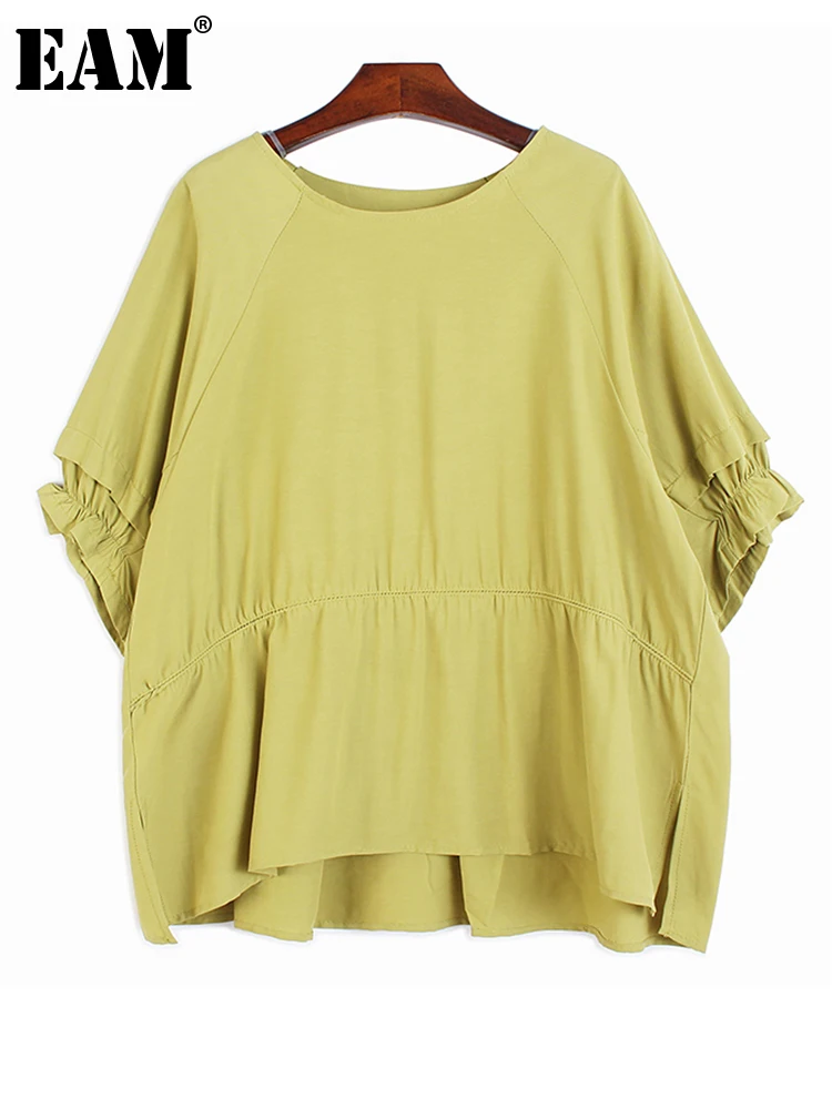 

[EAM] Women Yellow Big Size Irregular T-shirt New Round Neck Three-quarter Batwing Sleeve Fashion Spring Autumn 2024 1DH4861
