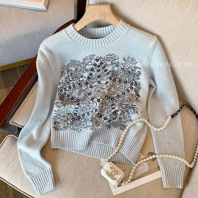 

Gray Basic Floral Embroidery Sweater Women Cashmere Knitted Pullover Warm Jumper Spring Autumn Long Sleeve Wool Knitwear H280