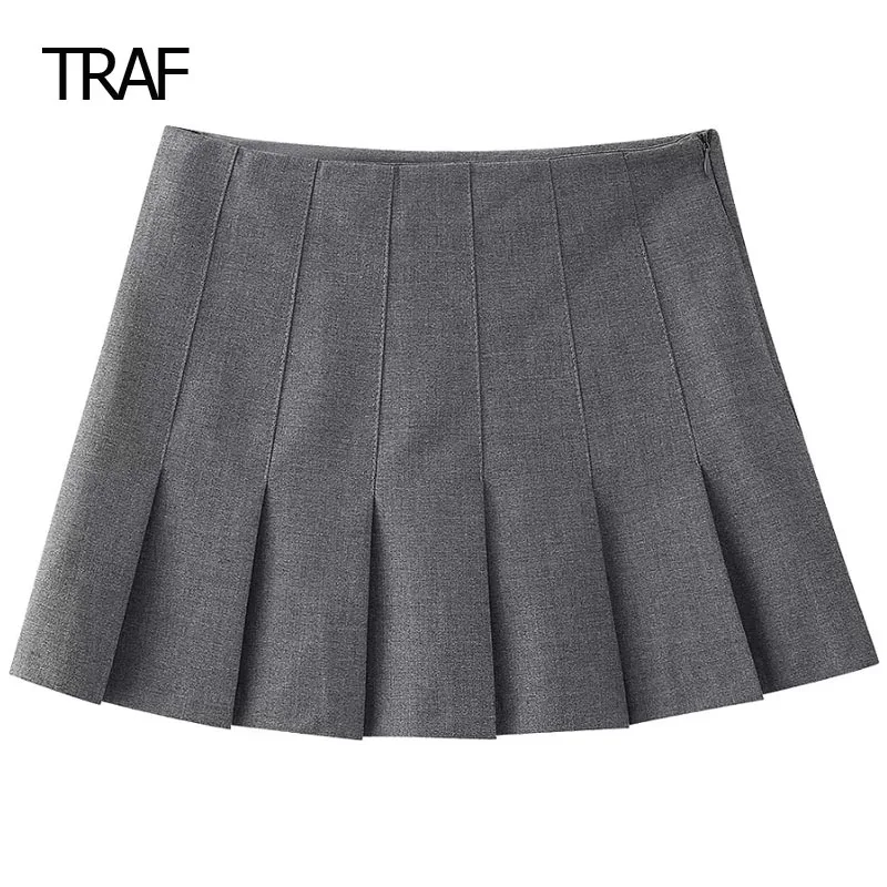 

TRAF Pleated Grey Skirt Fashion Women's Skirts Spring Summer Mini Mid Waist Short Skirt Korean Style Skirts Elegant Social Skirt