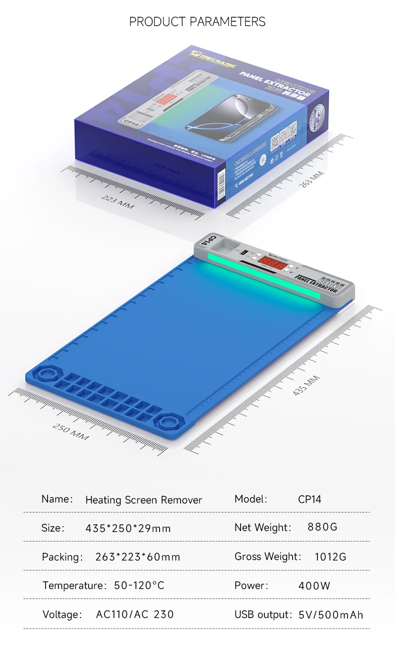 MECHANIC CP14 LCD Screen Separator LED Dust Detection Light Double Layer 120℃ Fast Heating Silicone Pad for Phone Repair Tool