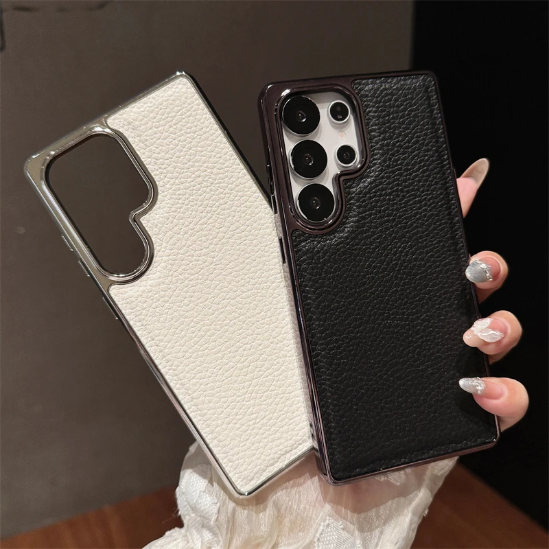 Luxury Electroplated Lychee Pattern Leather Phone Case - Matte Shockproof Cover