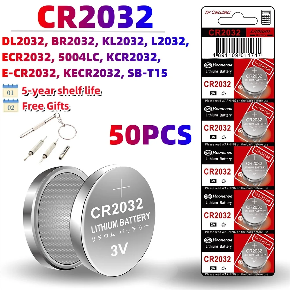 

Original 50pcs KCR2032 CR2032 3V Lithium Battery DL2032 BR2032 5004LC 2032 for watch, toys, car key, Calculator +screwdriver