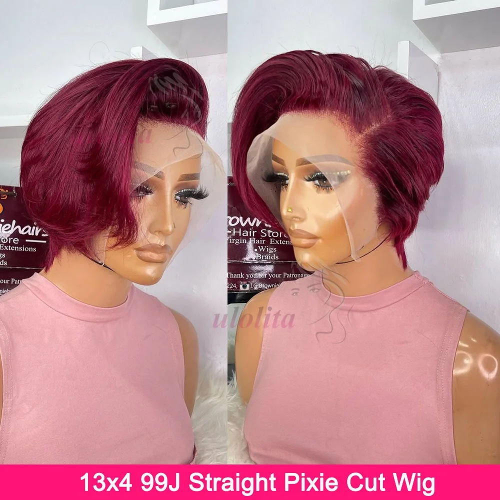 99J 13x4 Lace Frontal Wig Brazilian Remy Human Hair Wigs For Women Burgundy Pixie Cut Wavy Preplucked Hairline Short Bob wig
