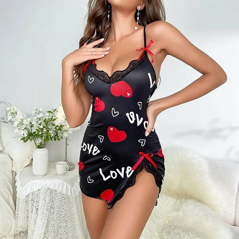 Women Pajamas Sling Dress Lace Edge V-Neck Side Split Printed Sleepwear Home women nightgowns women nightdresses women pajamas sleeping dress