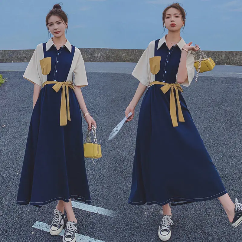

Dress Women's Summer 2022 Women's Shirt Dress Retro Stitching Contrast Color Long Skirt Ladies Summer Dress