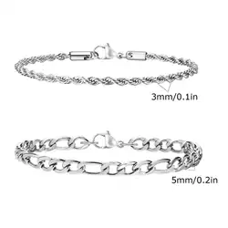 Men's Stainless Steel Chain Bracelets - Silver, Gold, and Black Rope Wristbands, Trendy Cuban Link Design, Set of 2 - 21cm (Silver set 6)
