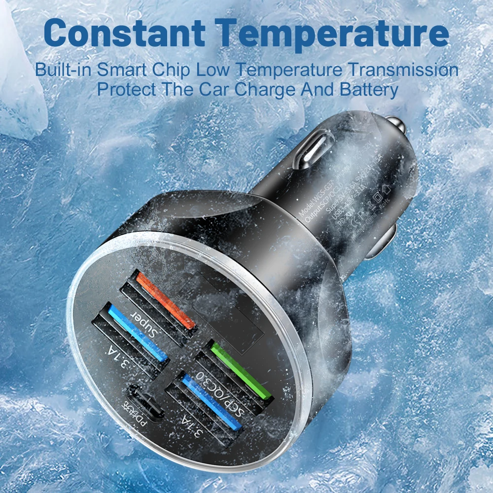 120W 4-6 Ports Car Charger Fast Charging PD QC3.0 USB C  Car Phone Charger USB Adapter in Car For iPhone Xiaomi Samsung