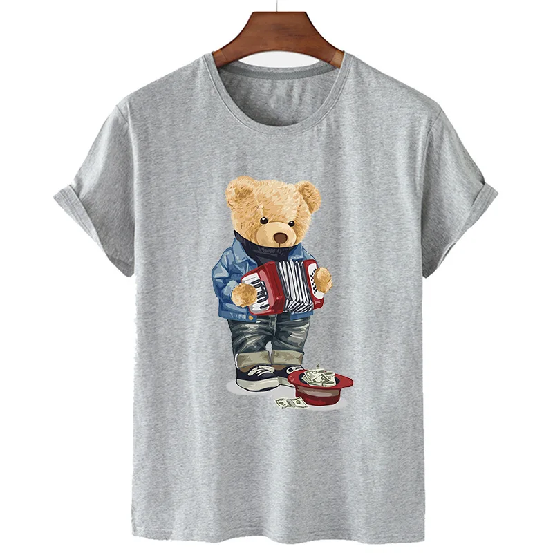 

100% Cotton Summer Street Art Bear Print Shirt Short Sleeve O Neck Loose T Shirt Women Plus Size T Shirt Men And Women S-4XL