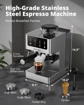 20 Bar Espresso Machine with Burr Grinder & Milk Frother, Stainless Steel, Home Coffee Maker for Cappuccino, Latte, Cold Brew, Americano 6