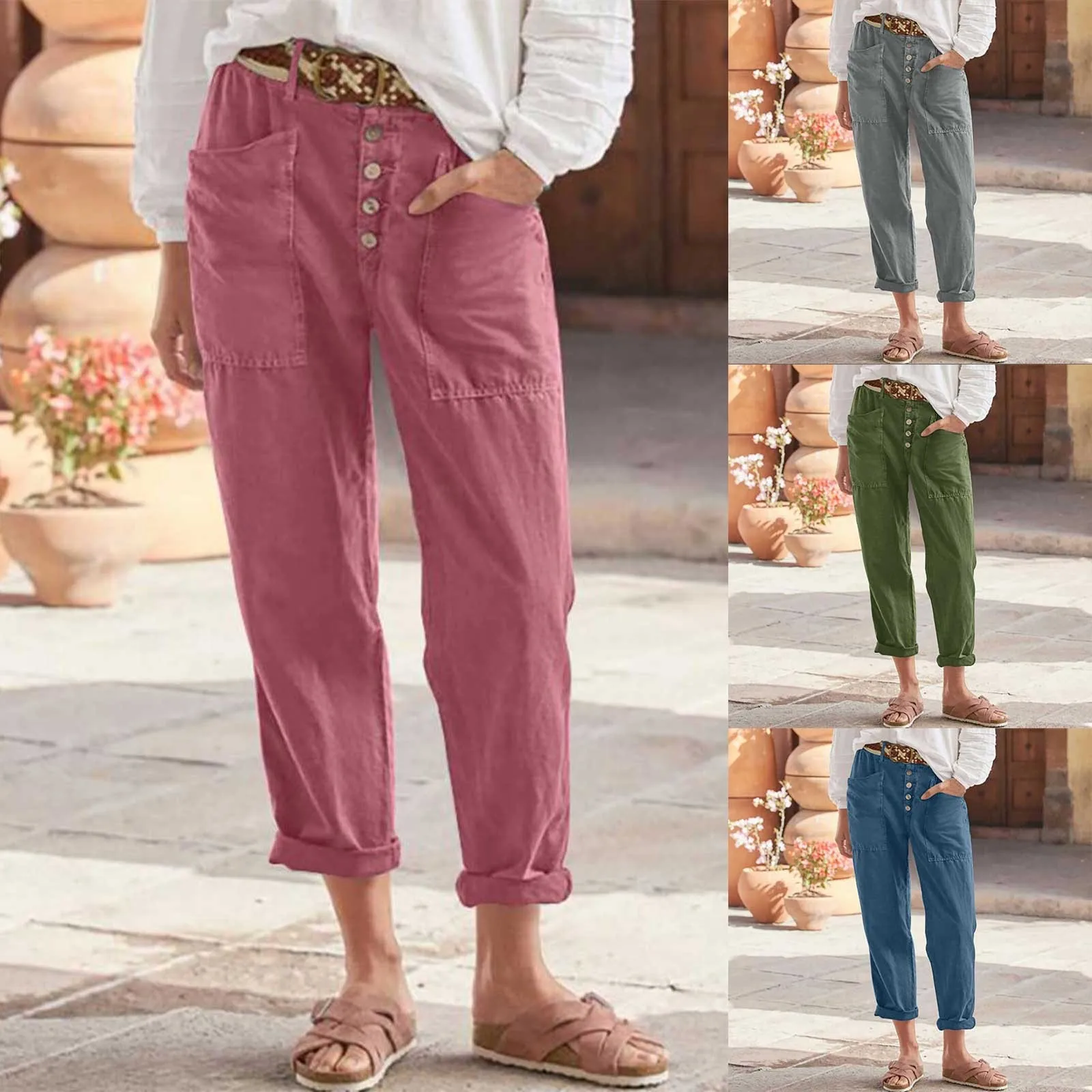

2023 Cotton Linen Women Pants Spring Summer Harem Pants Solid Elastic Waist Jogging Trousers Soft High Quality Women'S Trousers