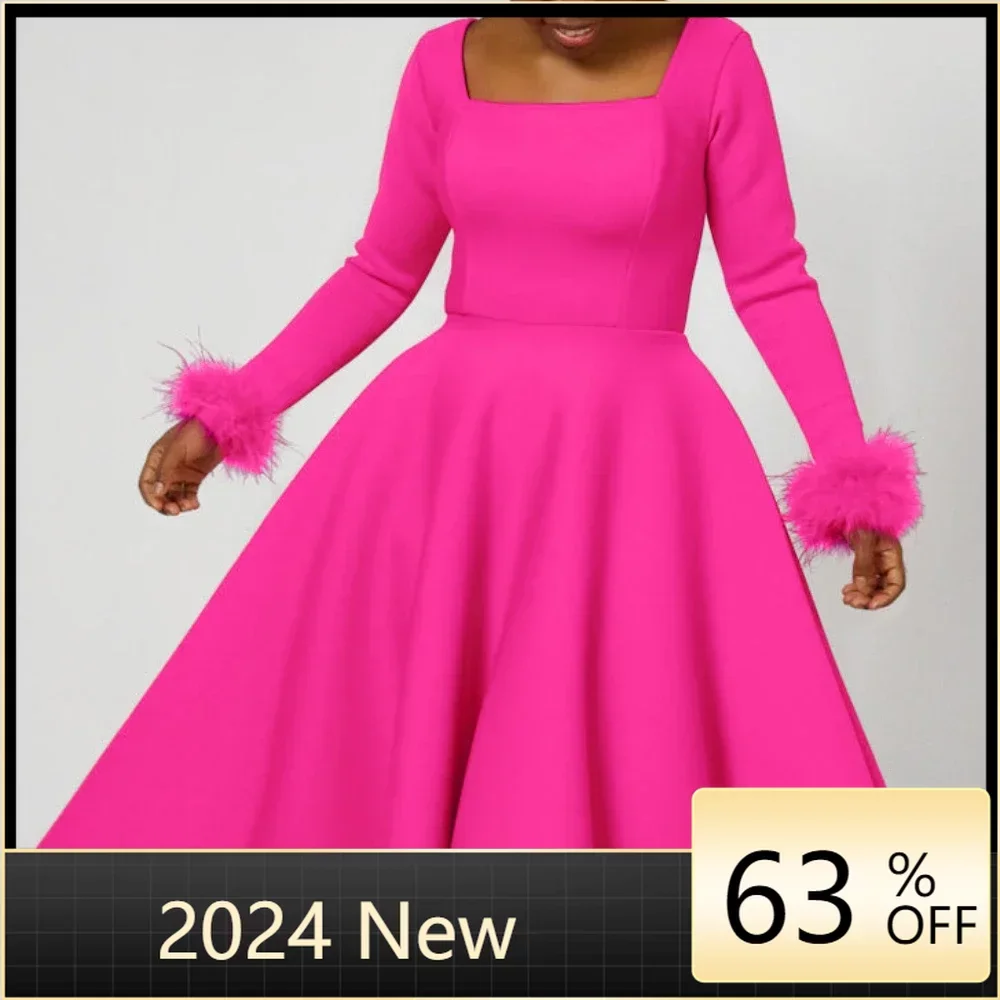 2024 Fuchsia Long Sleeves Evening Dress For Black Women A Line Tea Length Feathers Satin In Stock Prom Party Gowns Wholesale jancember surprise price novelty evening dress for women a line floor length full sleeves beading lace up فياتين سهرة فاخره