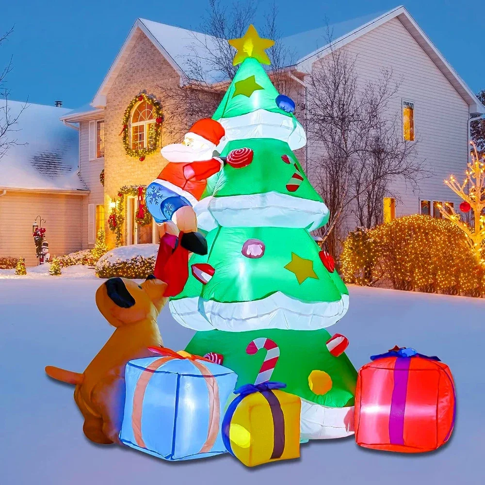 

Inflatables Christmas Tree Blow Up Yard Decoration with Santa Claus Dog Gift Boxes Built-in LED Lights Outdoor Xmas Ornament