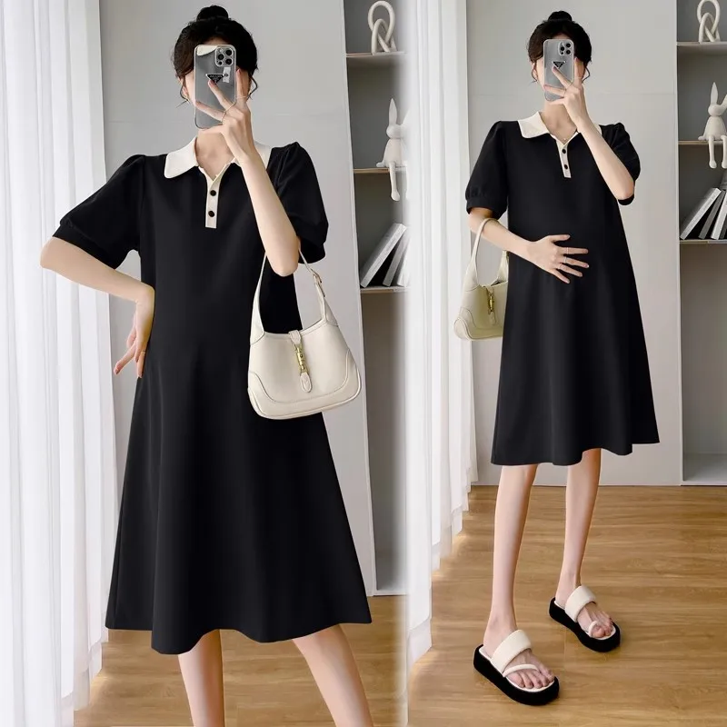Maternity Summer New Color Collision Polp Collar Loose Thin Short-Sleeved Mid-Length Summer Dresses Maternity Summer Dresses 4 Maternity Summer New Color Collision Polp Collar Loose Thin Short-Sleeved Mid-Length Summer Dresses Maternity Summer Dresses - Image 4