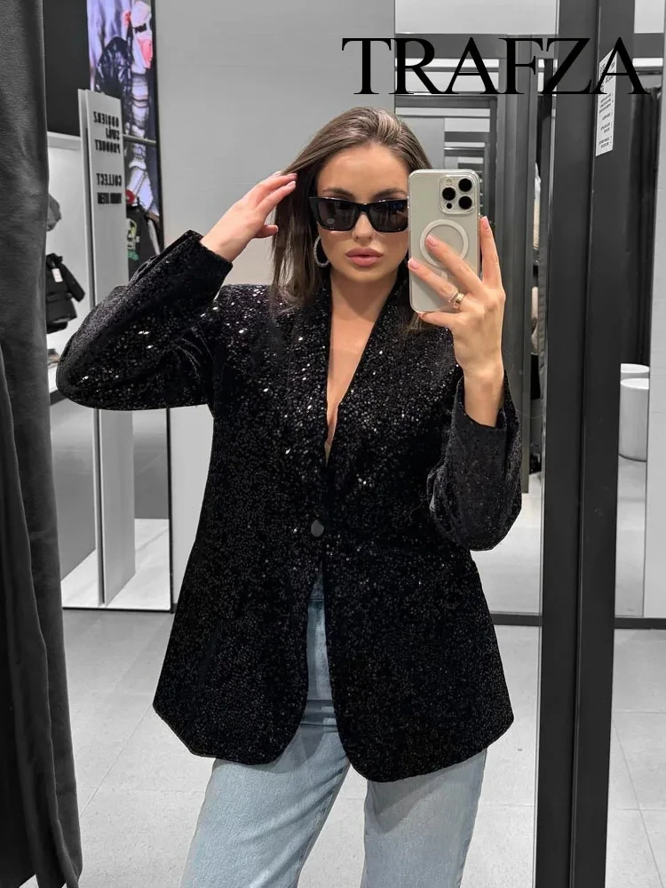 

TRAFZA Female Spring High Street Coats Solid V-Neck Long Sleeves Pockets Sequins Decorate Single Button Women Fashion Blazers