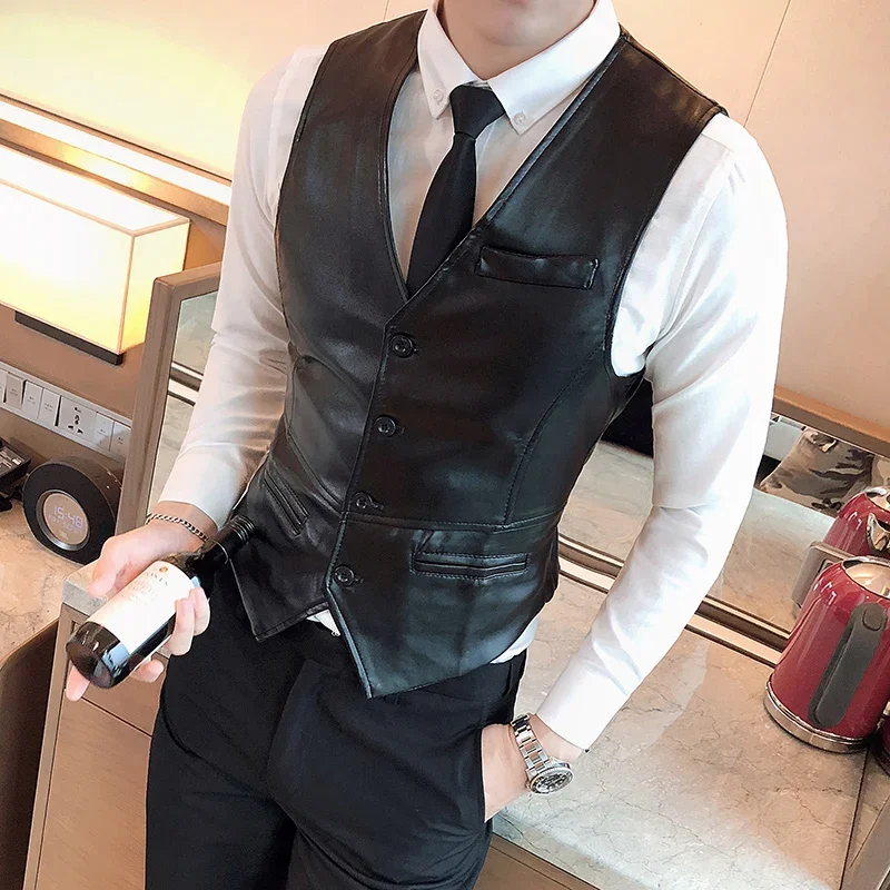 

2024 Leather Vest Men New Fashion Casual High Quality Solid Color Single Breasted Slim Large Size Business Vest Waistcoat S-5XL