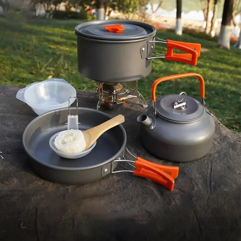 

Outdoor Folding Camping Pot Cookware Mess Kit Pot Water Kettle Frying Pan Bowl Spoon Cooking Set Backpacking Picnic Hiking