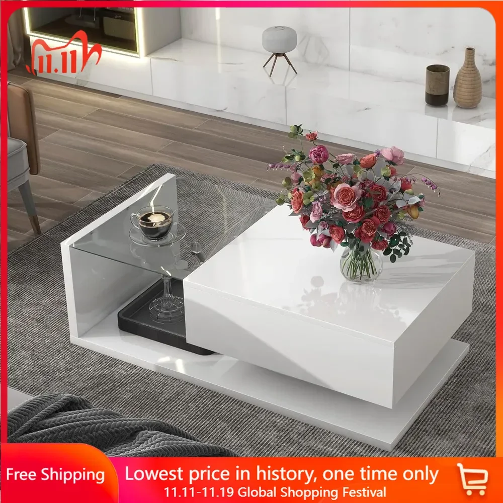 Coffee Table with Tempered Glass, High-Gloss UV Surface, 2-Tier Rectangle Center Tables for Living Room, Modern Coffee Table