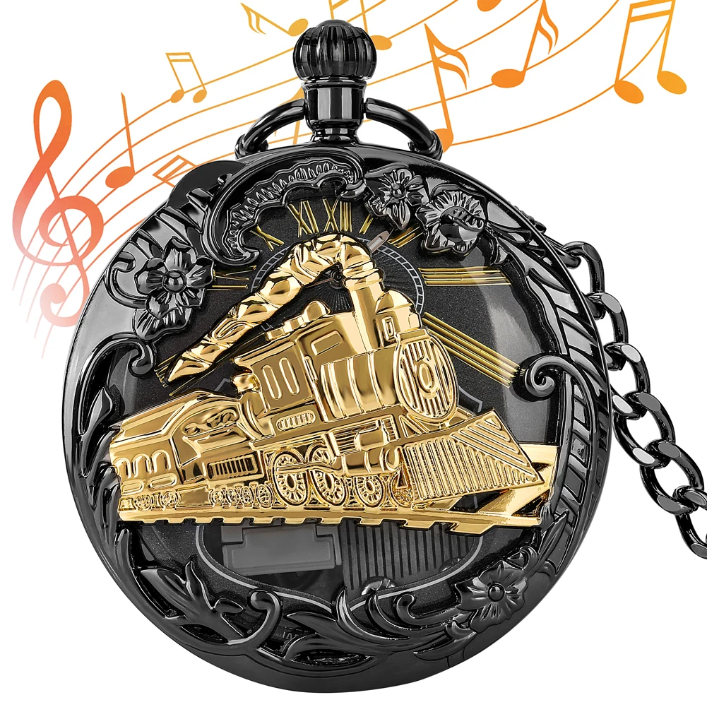 Premium Handicraft Melody Music Luxury Quartz Pocket Watch Steampunk Hollow Musical Clock with Pocket Chain Gift for Boys Girls