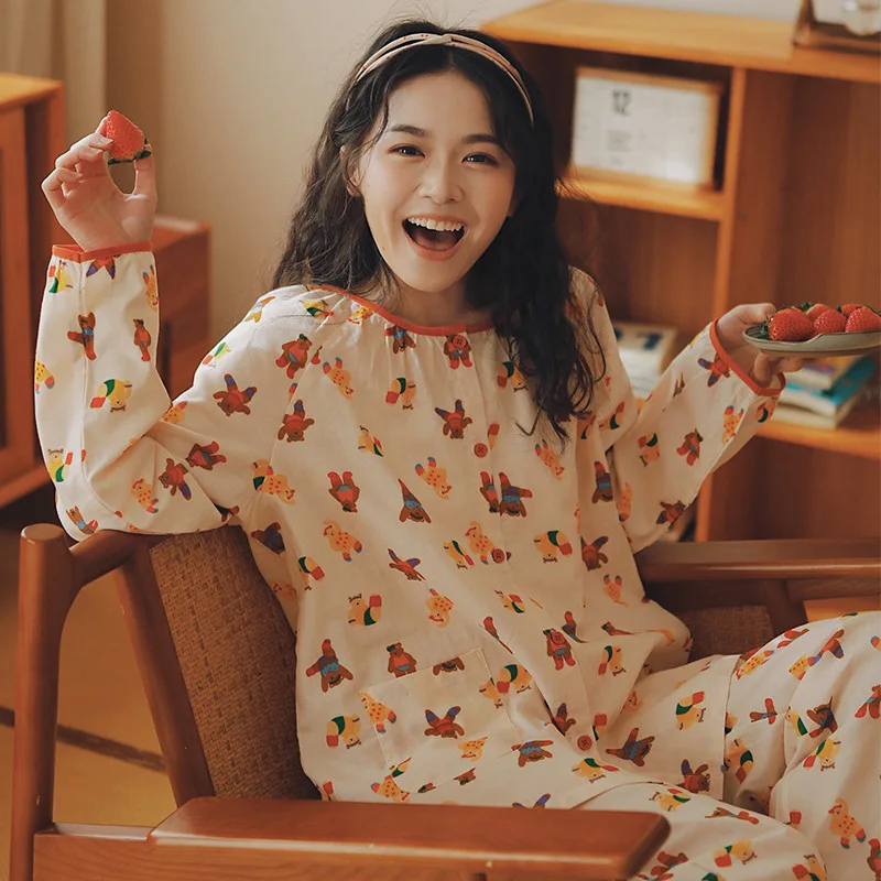 

Women 100% Cotton Two-Pieces Casual Sleepwear Simple Round Neck Cardigan Full Sleeves Printed Pajamas Spring Long Pants Pyjamas